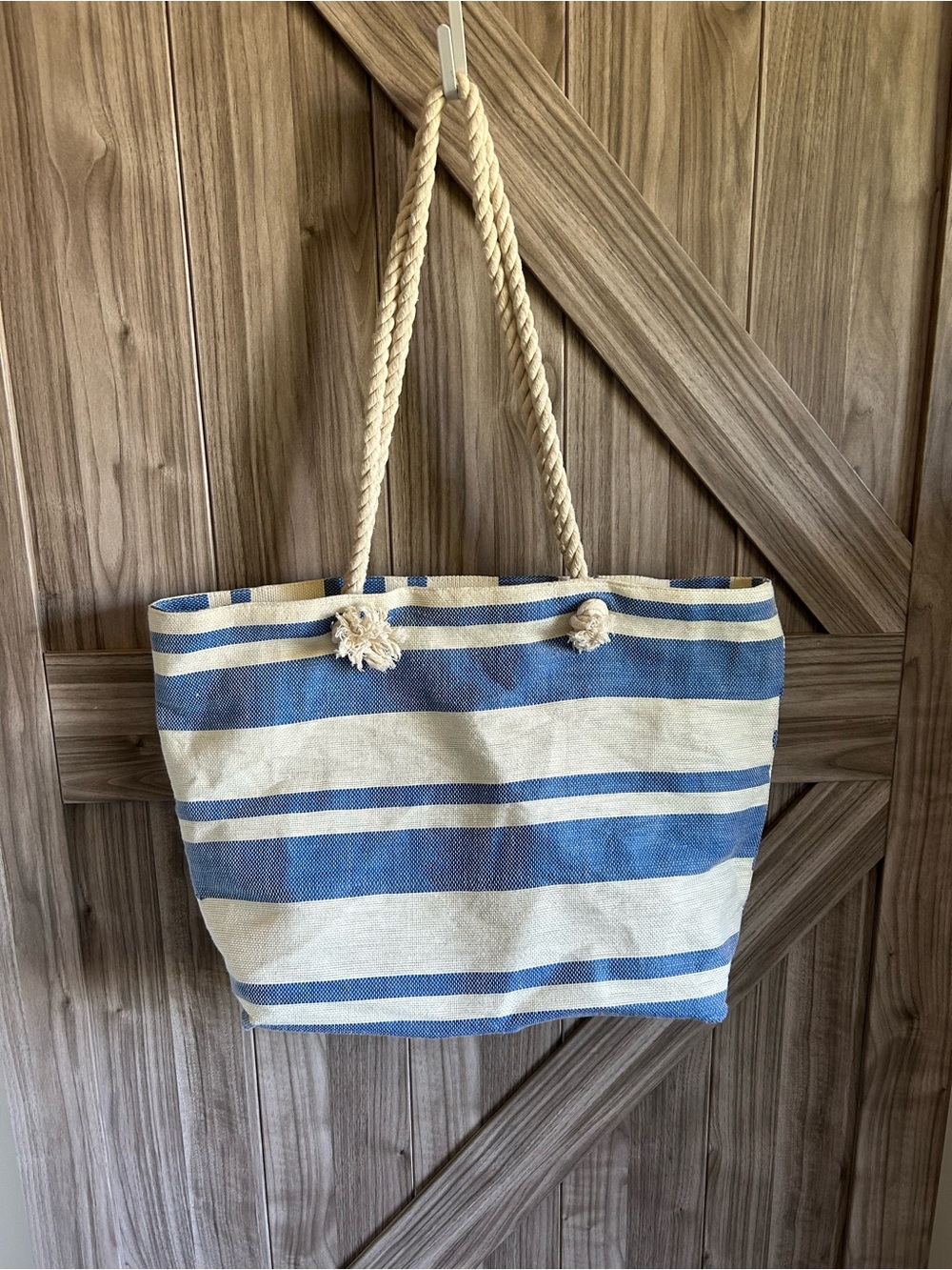 Black Rivet Blue & White Striped Nautical Rope Handle Beach Tote Bag 20x14